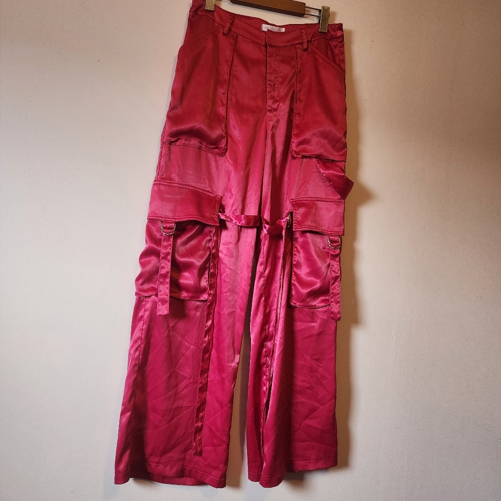 ​Hot & Delicious Pink Satin Cargo Parachute Pants Y2K Wide Leg Shiny Utility M